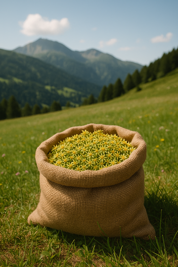 Sack auf Almwiese mit Speikblüten