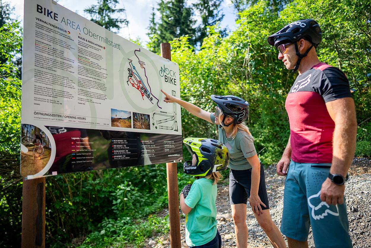 Familie macht eine Pause und schaut sich Übersichtsplan von Bike Area Obermillstatt an