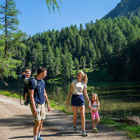 Familie wandert am Grünsee auf dem Drei-Seen-Weg auf der Turracher Höhe