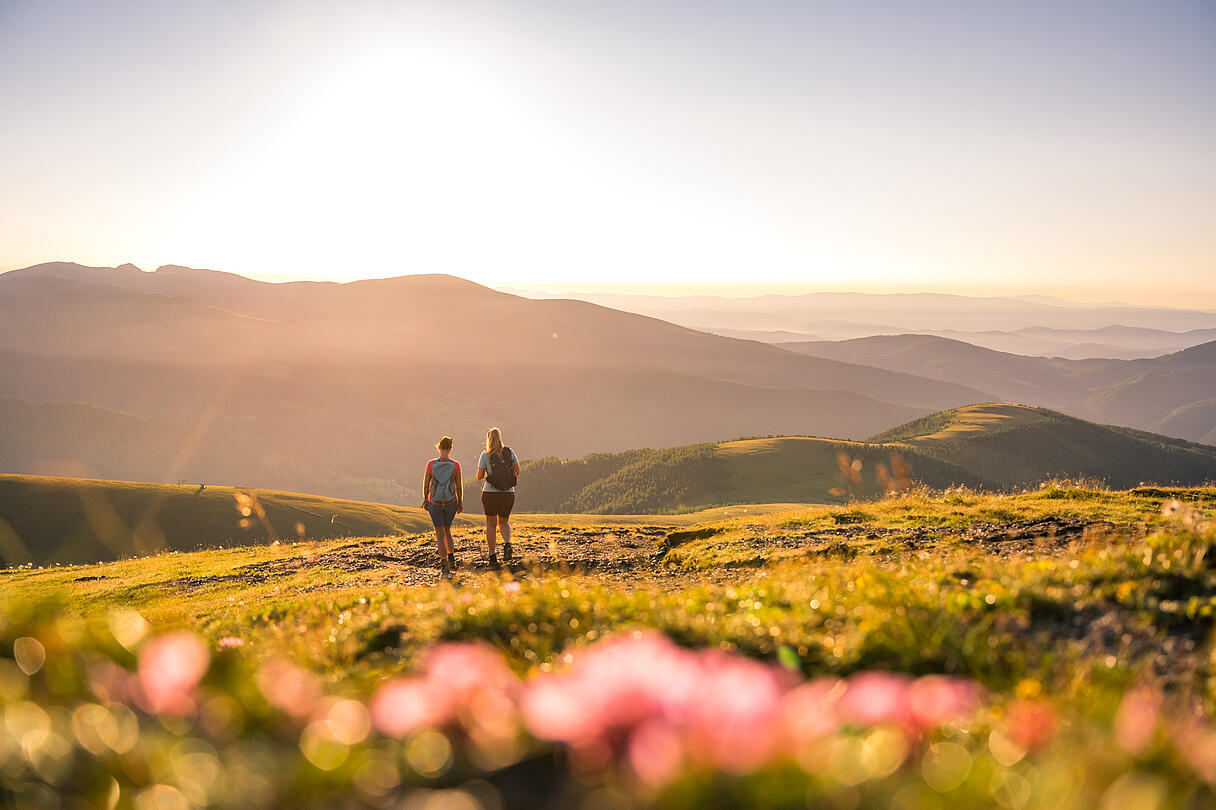 2 Wanderer am Nockberge-Trail mit Bergpanorama im Hintergrund