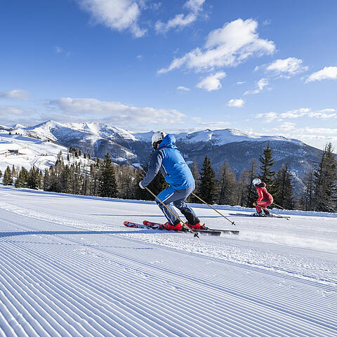 2 Skifahrer fahren nebeneinander die Piste hinunter