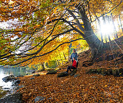 Pärchen sitzt im Herbst am Ufer des Millstätter Sees 