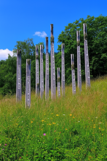 Mottenstein in Baldramsdorf: Steher aus Lärchenholz und Stahl auf einer grünen Wiese. Auf den Stehern sind Meilensteine geschrieben, die die Geschichte der Ortenburg erzählen. 